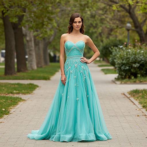 Photograph of a young woman with long brown hair, wearing a strapless, turquoise, beaded evening gown, standing on a tree-lined park path