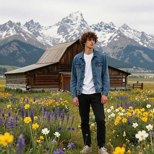 Young man with curly brown hair, denim jacket, white tee, black pants, standing in vibrant flower field, rustic wooden house, snow-capped mountains
