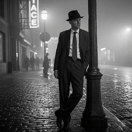 Black-and-white photograph of a pensive man in a dark suit, fedora, and patterned tie, leaning on a lamppost on a