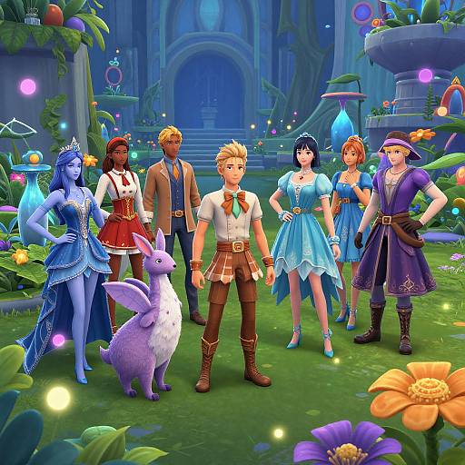 Vibrant CGI fantasy scene: six colorful characters, including a blue fairy, a blonde warrior, and a purple-robed wizard, stand in a