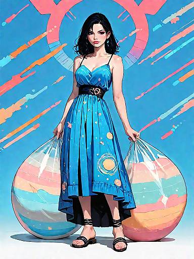 Woman in Blue Summer Dress with Oversized Tote Bags