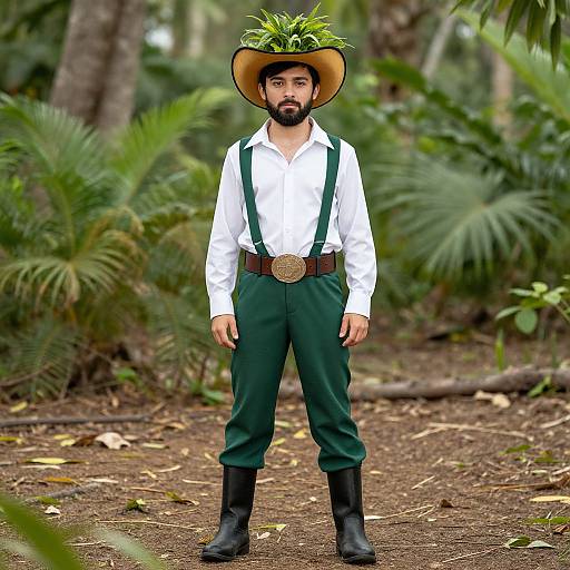 Photograph of a bearded man in a white shirt, green pants, black boots, and a hat with a green plant on top, standing in
