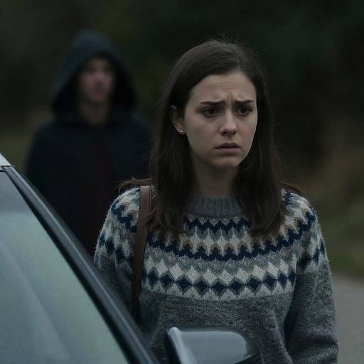 Worried Woman by Car with Hooded Figure Behind