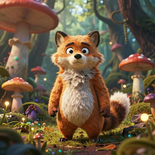 CGI image of a cute, fluffy, anthropomorphic fox with wide eyes standing in a magical forest filled with glowing mushrooms and colorful fairy lights.