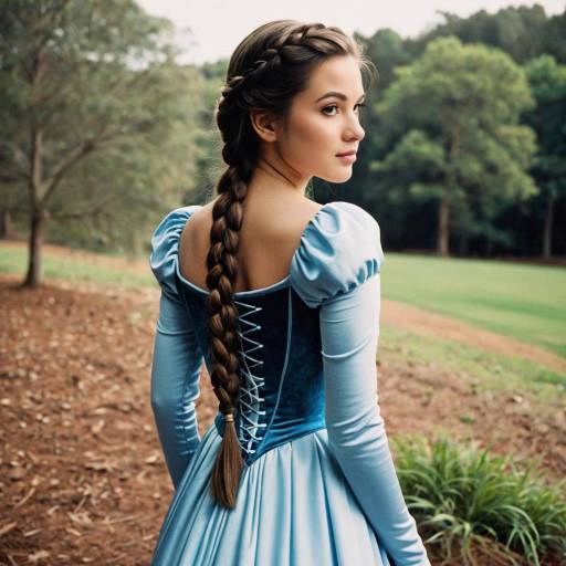 Woman in Blue Princess Dress with Long Braid Outdoors