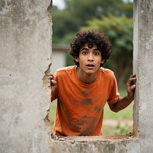 Curious Young Man Behind Concrete Wall