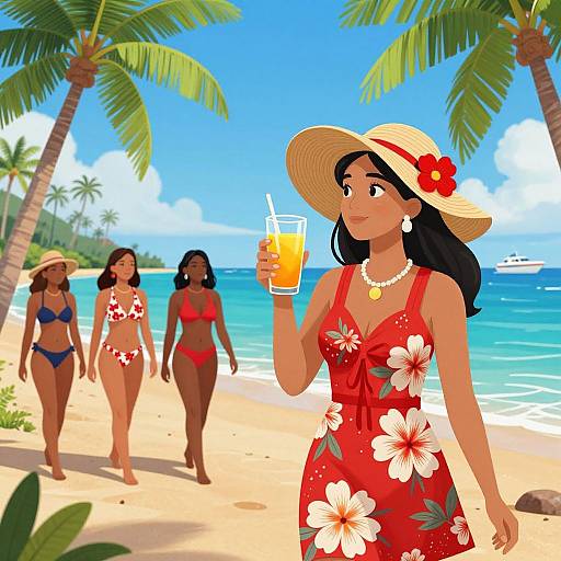 Digital illustration of four women on a sunny tropical beach; central woman in red floral dress, hat, and holding drink, three in bikinis behind her