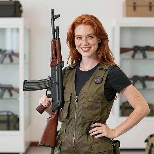 Cheerful Woman Holding AK-47 in Bright Setting