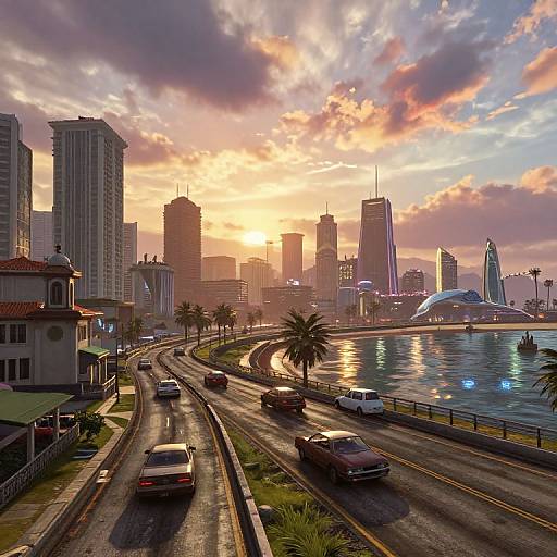 Photograph of a bustling cityscape at sunset, featuring a curving highway with moving cars, palm trees, and skyscrapers silhouetted