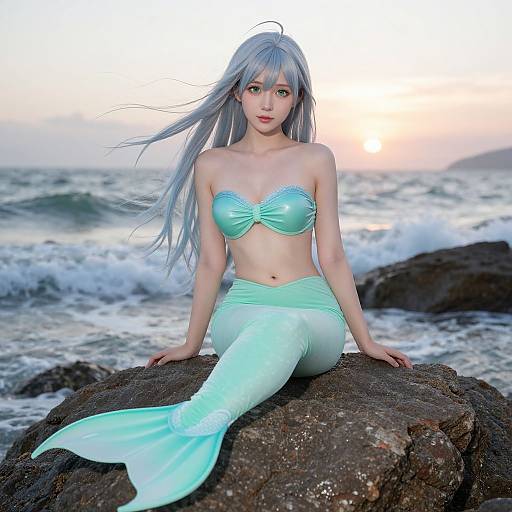 Digital artwork of a silver-haired mermaid with turquoise top and tail, sitting on rocky shore, ocean waves in background, sunset sky.