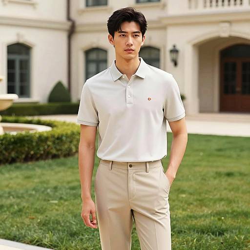 Confident man in light polo and trousers outdoors