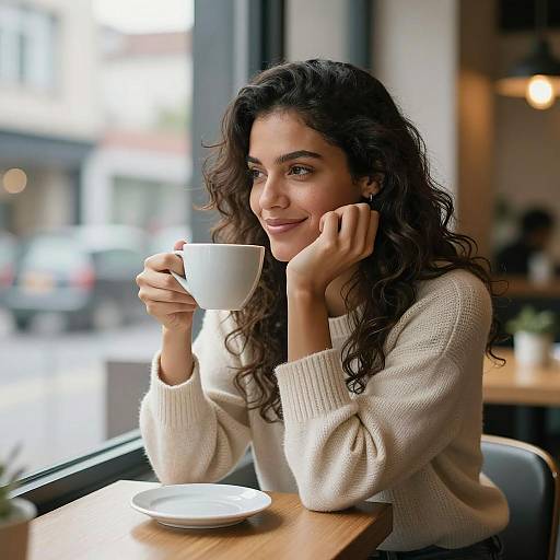 Woman Enjoying Coffee at Café Window