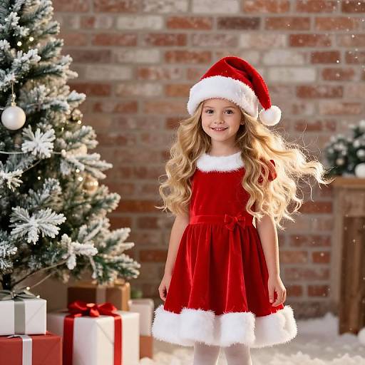 Joyful Girl by Festive Christmas Tree