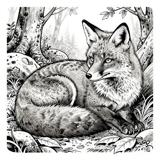 Hokusai-Inspired Red Fox Line Art