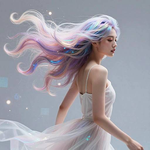 Digital artwork of a beautiful woman with flowing, multi-colored hair in a white, semi-transparent dress, set against a gradient gray-blue background with subtle light