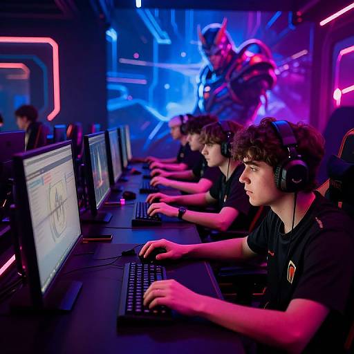 Photograph of five young men with curly hair, wearing black shirts and headphones, intensely gaming at a neon-lit, futuristic arcade.