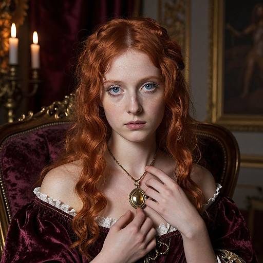 Photograph of a fair-skinned, red-haired woman with blue eyes, wearing a dark velvet dress with white lace, gold necklace, and holding it