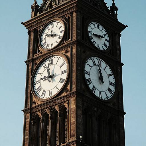 Photograph of a tall, ornate clock tower with four large, white clock faces showing Roman numerals against a clear blue sky.