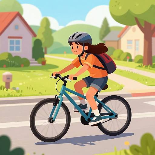 Cartoon-style illustration of a smiling girl with long brown hair, wearing a helmet, orange shirt, and shorts, riding a blue bicycle on a sunny