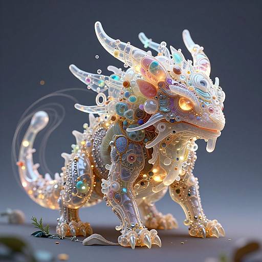 Digital art of a glowing, mythical, dragon-like creature adorned with colorful, translucent spheres and lights, set against a dark gradient background.