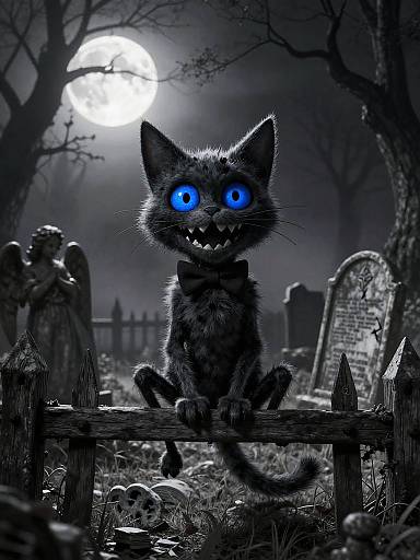 Digital illustration of a black cat with glowing blue eyes and sharp teeth, wearing a bow tie, sitting on a wooden fence in a spooky graveyard under a