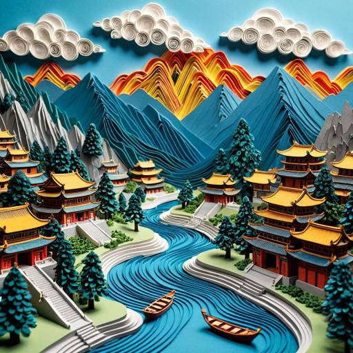 3D Paper Quilling Chinese Mountain Village
