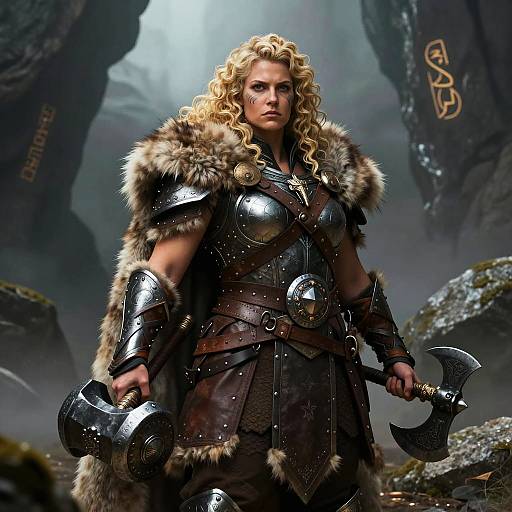 Female Dwarf Shieldmaiden in Armor with Warhammer and Axe