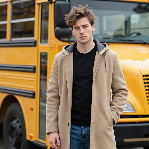 Photograph of a young, fair-skinned man with messy brown hair, wearing a beige coat over a black shirt and blue jeans, standing in front