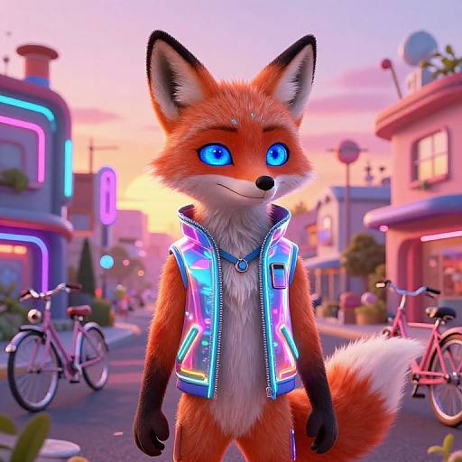 Neon Cyberpunk Fox in Retro Suburbia