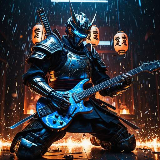 Futuristic Samurai Android Playing Electric Guitar