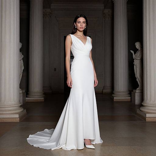 Photograph of a slender, dark-haired woman in a white, sleeveless, V-neck, floor-length wedding gown with a trailing tail, standing in