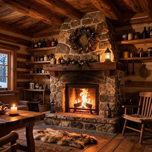 Cozy wooden cabin interior with roaring stone fireplace, lit candles, rustic shelves, pine wreath, fur rug, and wooden furniture. Warm, inviting