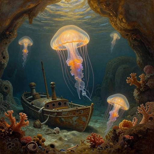 Digital artwork of an underwater cave with glowing jellyfish, a rusty ship, and colorful coral, illuminated by ethereal light.