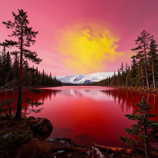 Photograph of a vibrant red lake reflecting a pink and yellow sunset, surrounded by tall pine trees and snowy mountains.