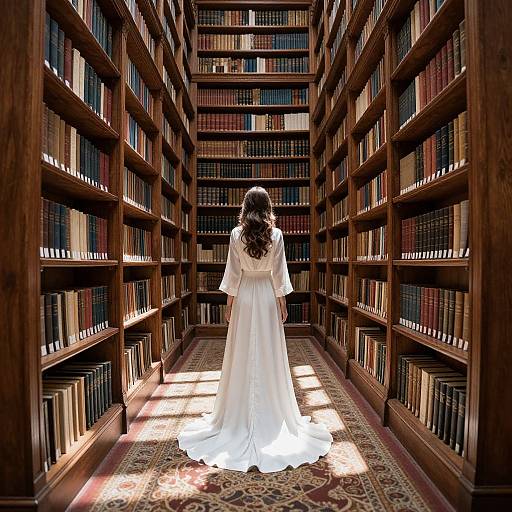 Photograph of a woman with long brown hair in a white wedding dress standing in a sunlit library aisle, surrounded by tall wooden bookshelves.