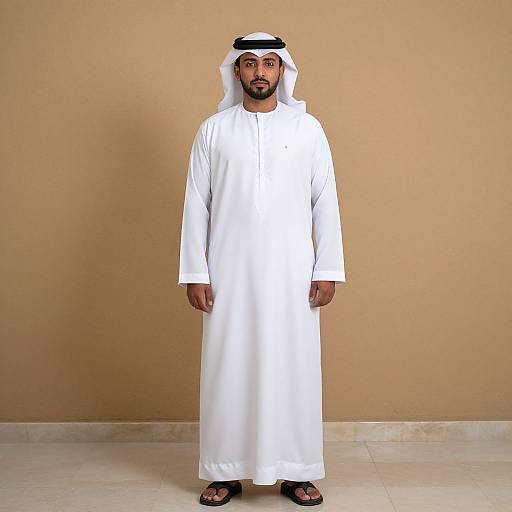 Photograph of a Middle Eastern man in a white traditional thobe and kufi, standing against a beige wall, wearing black sandals.