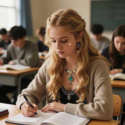 Blonde College Student Studying in Classroom