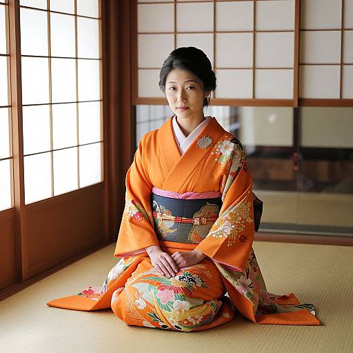 Photograph of an Asian woman with dark hair in an orange floral kimono, seated on a tatami mat in a traditional Japanese room with shoji