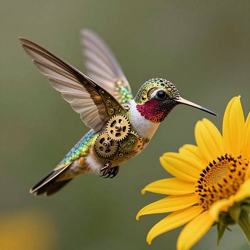 Photograph of a vibrant hummingbird with iridescent green, red, and white feathers hovering near a bright yellow sunflower.