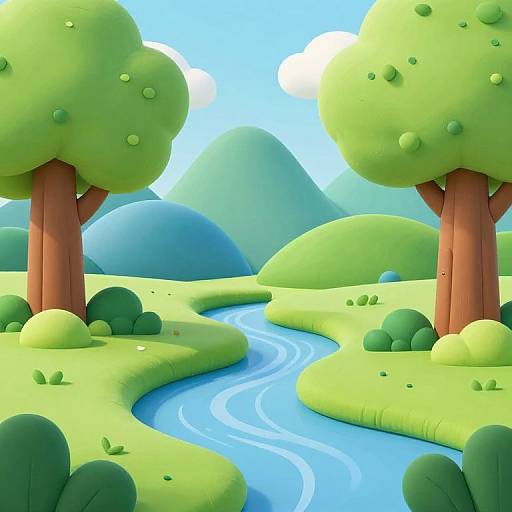 Bright, cartoon-style digital illustration of a green landscape with two trees, a winding blue river, and rolling hills under a clear sky.