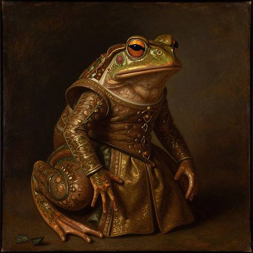Photorealistic digital painting of a green frog wearing detailed, medieval-style bronze armor with red-orange eyes, kneeling against a dark background.