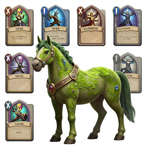 Digital artwork of a green, gem-encrusted horse with a dark mane, surrounded by six character cards featuring magical figures.
