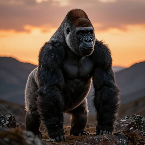 Photograph of a muscular, dark-furred gorilla standing on rocky terrain at sunset, with orange and purple sky in the background.