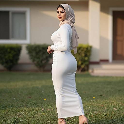 Elegant Woman in Hijab on Green Grass