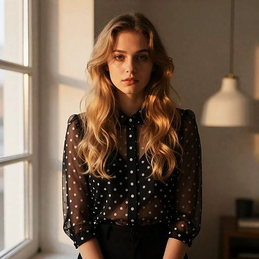 Young Woman in Black Sheer Polka Dot Blouse