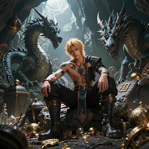 Digital fantasy artwork of a muscular, blond-haired man with a black star tattoo, shirtless, surrounded by dark dragons and scattered gold treasures in a dim