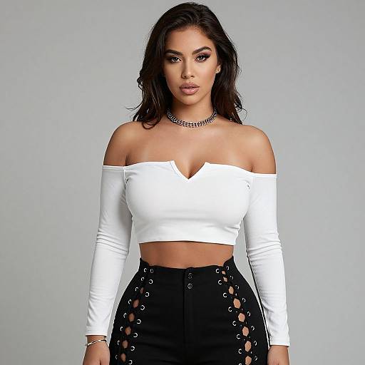 Photograph of a dark-haired woman with medium skin tone, wearing a white off-shoulder crop top and black high-waisted pants with lace