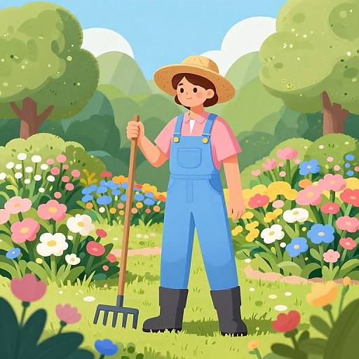 Colorful digital illustration of a smiling girl in blue overalls, pink shirt, straw hat, and black boots, holding a garden fork in a vibrant