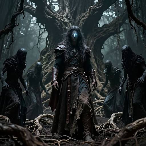 Dark forest scene: four shadowy, masked warriors with glowing blue eyes stand around a central figure, surrounded by twisted, gnarled roots. Digital