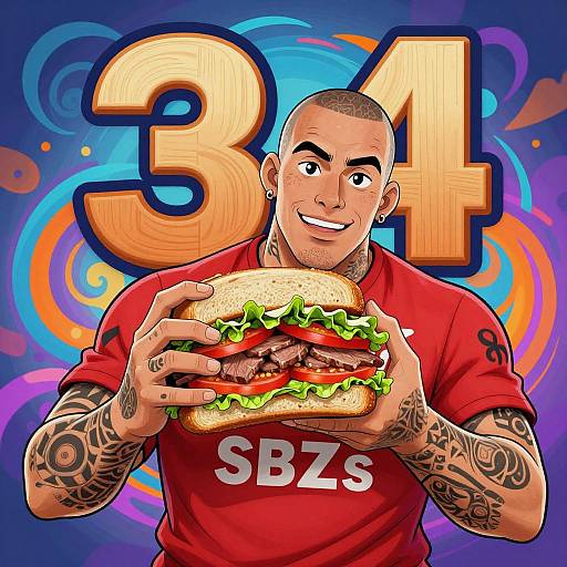 Colorful digital illustration of a tattooed, smiling man with a buzz cut, holding a large burger, wearing a red 